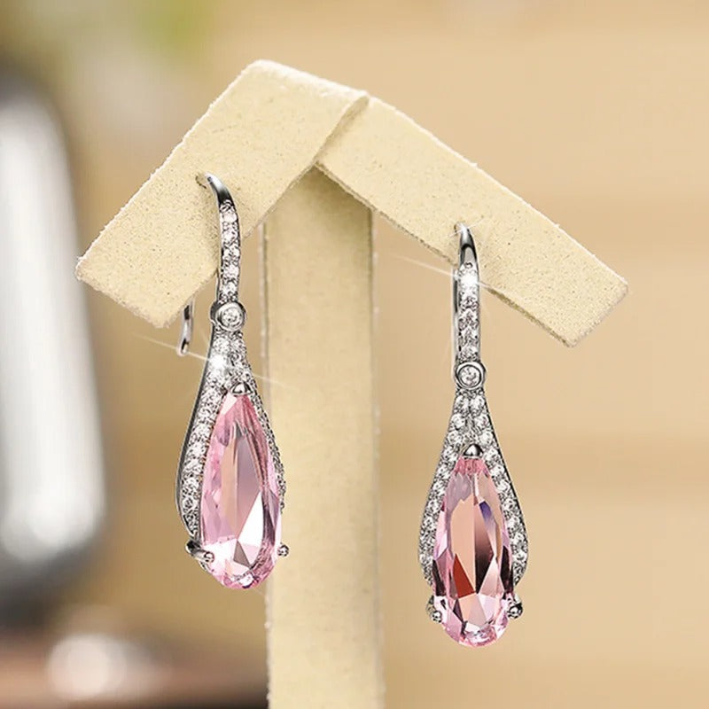 Luxury Silver Pink Zircon Dangle Earrings for Women
