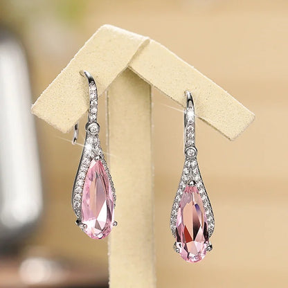 Luxury Silver Pink Zircon Dangle Earrings for Women