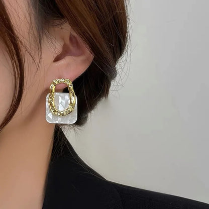 White Acrylic Square Drop Earrings Women Gold Metal Dangle Jewelry