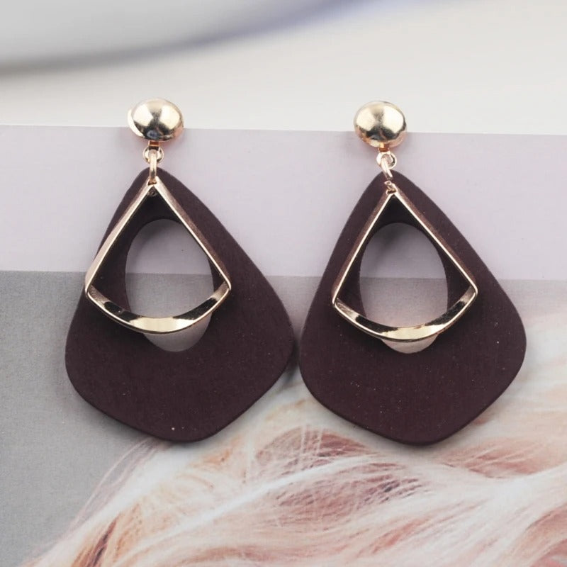 Trendy New Wooden Water Drop Hanging Earrings for Women Gold Color Metal Female Drop Earrings