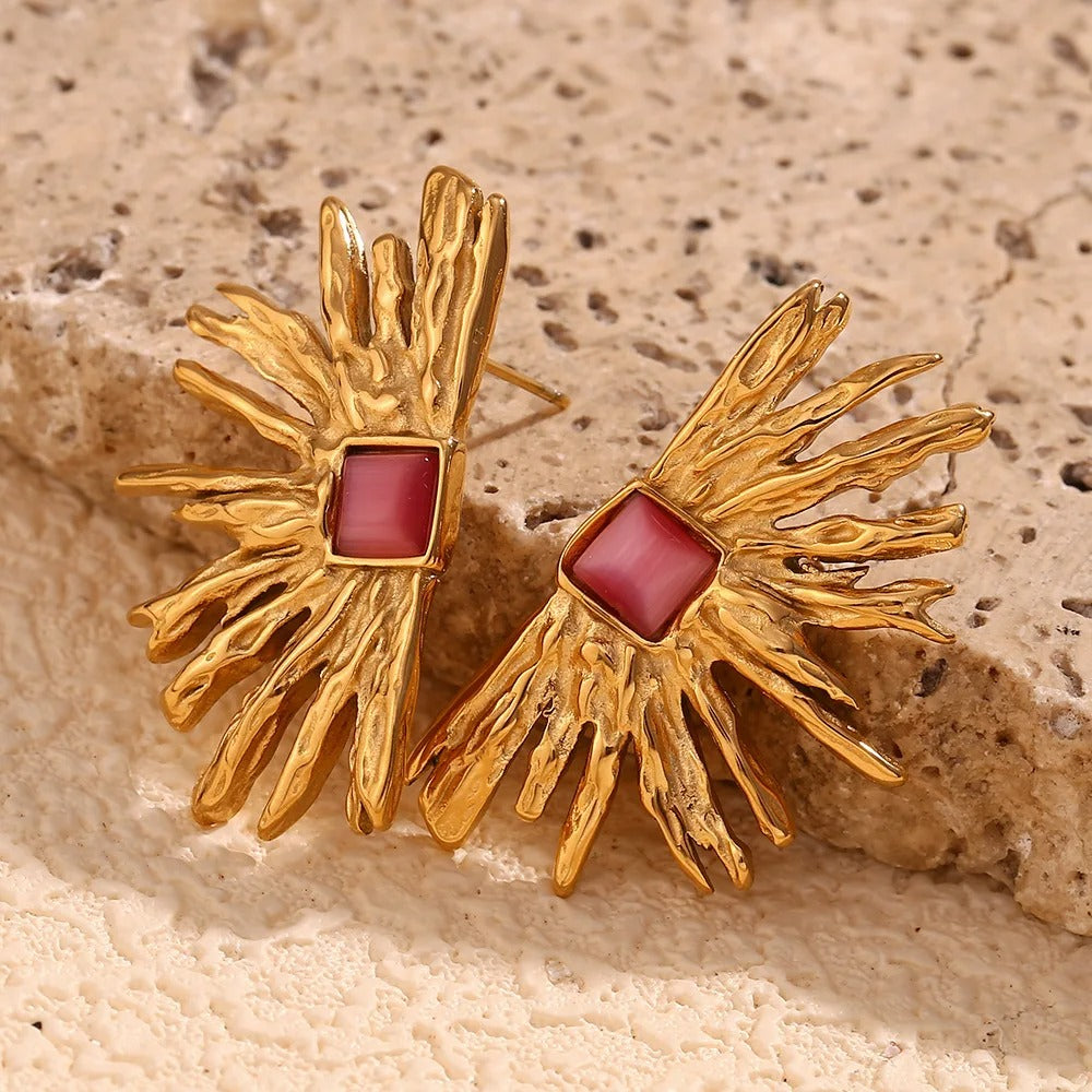 New Design Red Agate Sun Flower Earrings Women Exaggerated Jewelry