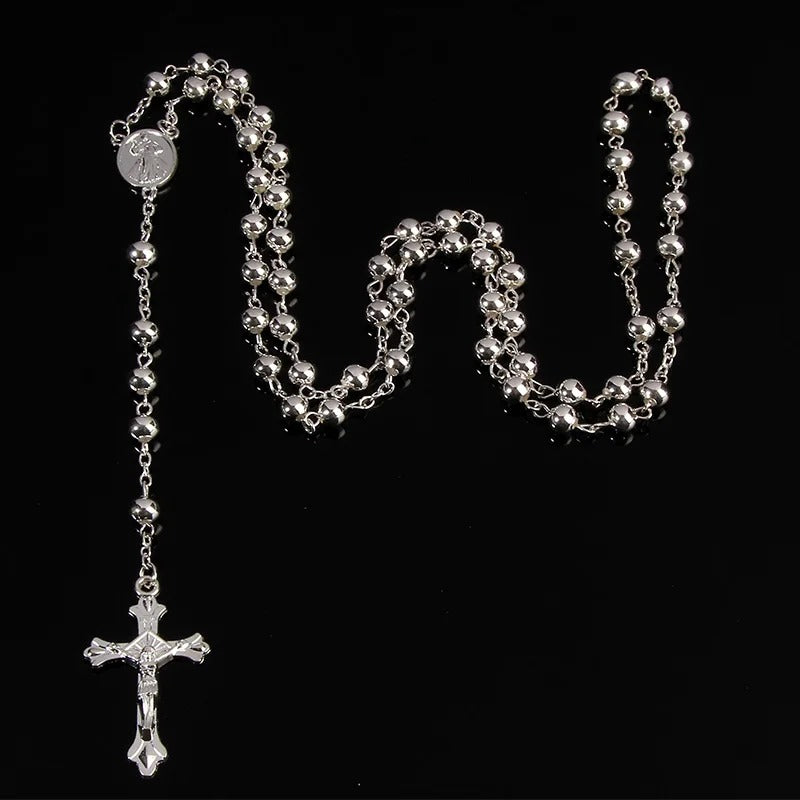 Imitation Gold Bead Rosary Necklace Elegant Cross Pendant