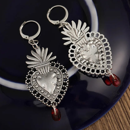 Silvery Heart Drop Earrings with Ruby Romantic Gift for Lovers
