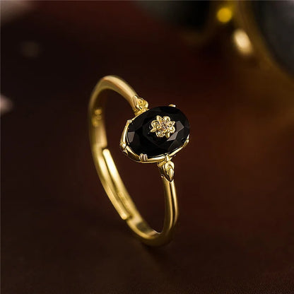 Real 925 Sterling Silver 18k Gold Plating Synthetic black agate Open Ring For Women vintage Light Luxury Fine Jewelry