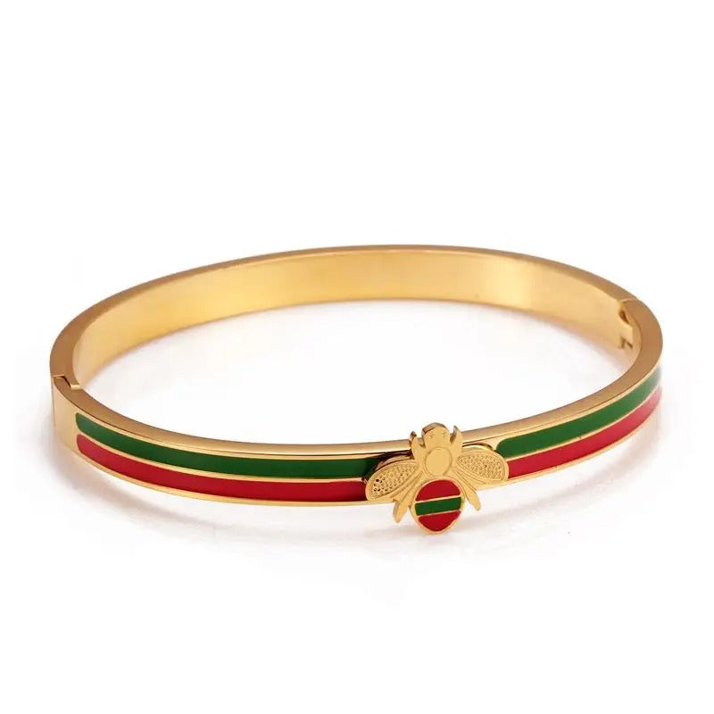 Gold Plated Bee Charm Cuff Bracelet Luxury Stainless Steel Unisex Bangle