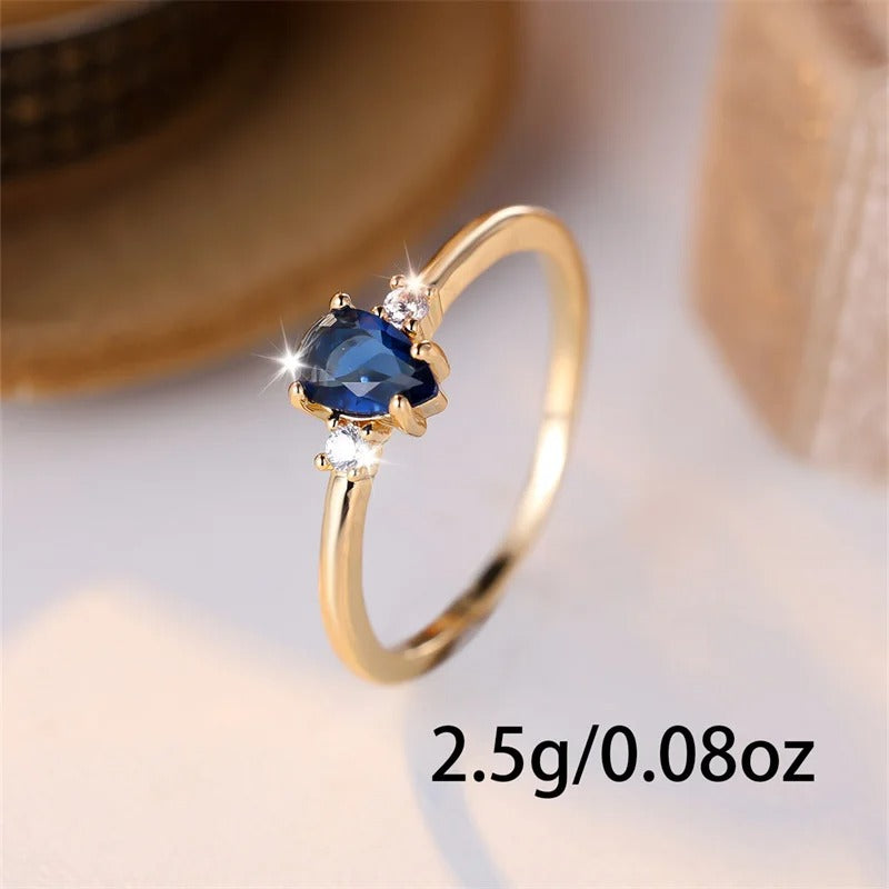 Royal Blue Pear Cut Zircon Ring for Women Gold Minimalist Stacking CZ