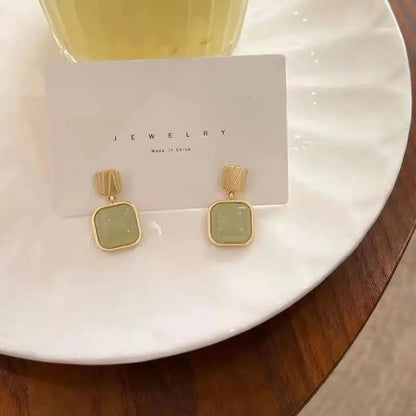 Exaggerated Green Jade Square Drop Earrings Women Jewelry Gift