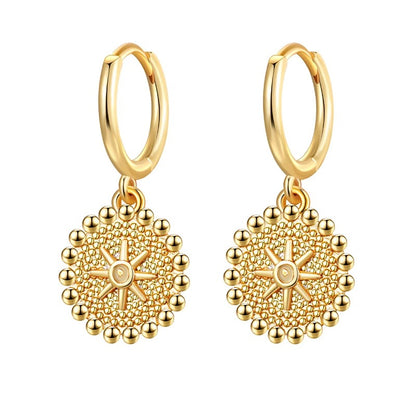 Round Coin Cubic Zirconia Dangle Earrings Silver Gold Women