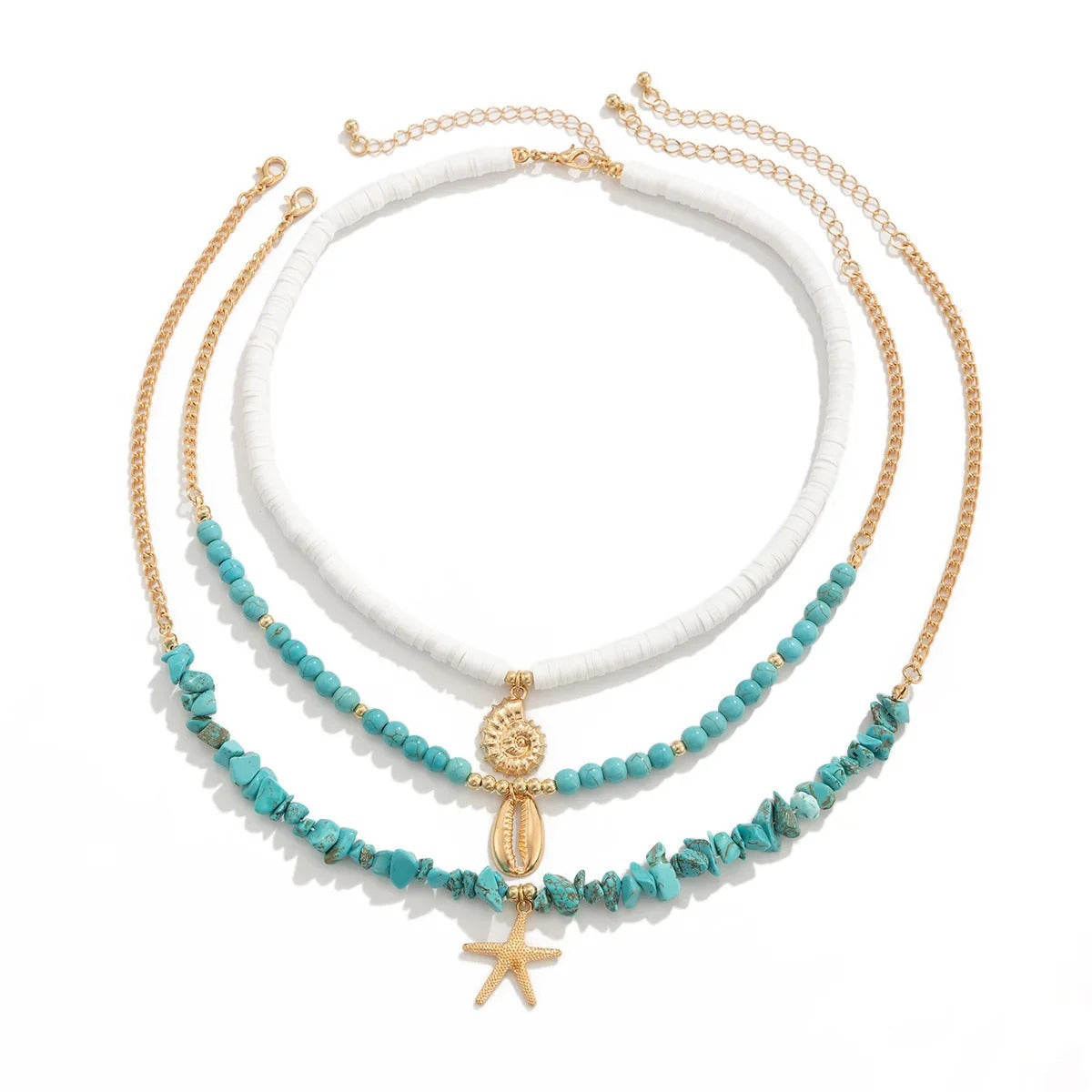 Retro Gold Color Metal Starfish Shell Conch Pendant Necklace Women 2025 Multi Layer Sweet Green Turquoise Girl Beach Jewelry