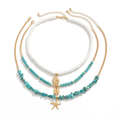 Retro Gold Color Metal Starfish Shell Conch Pendant Necklace Women 2025 Multi Layer Sweet Green Turquoise Girl Beach Jewelry