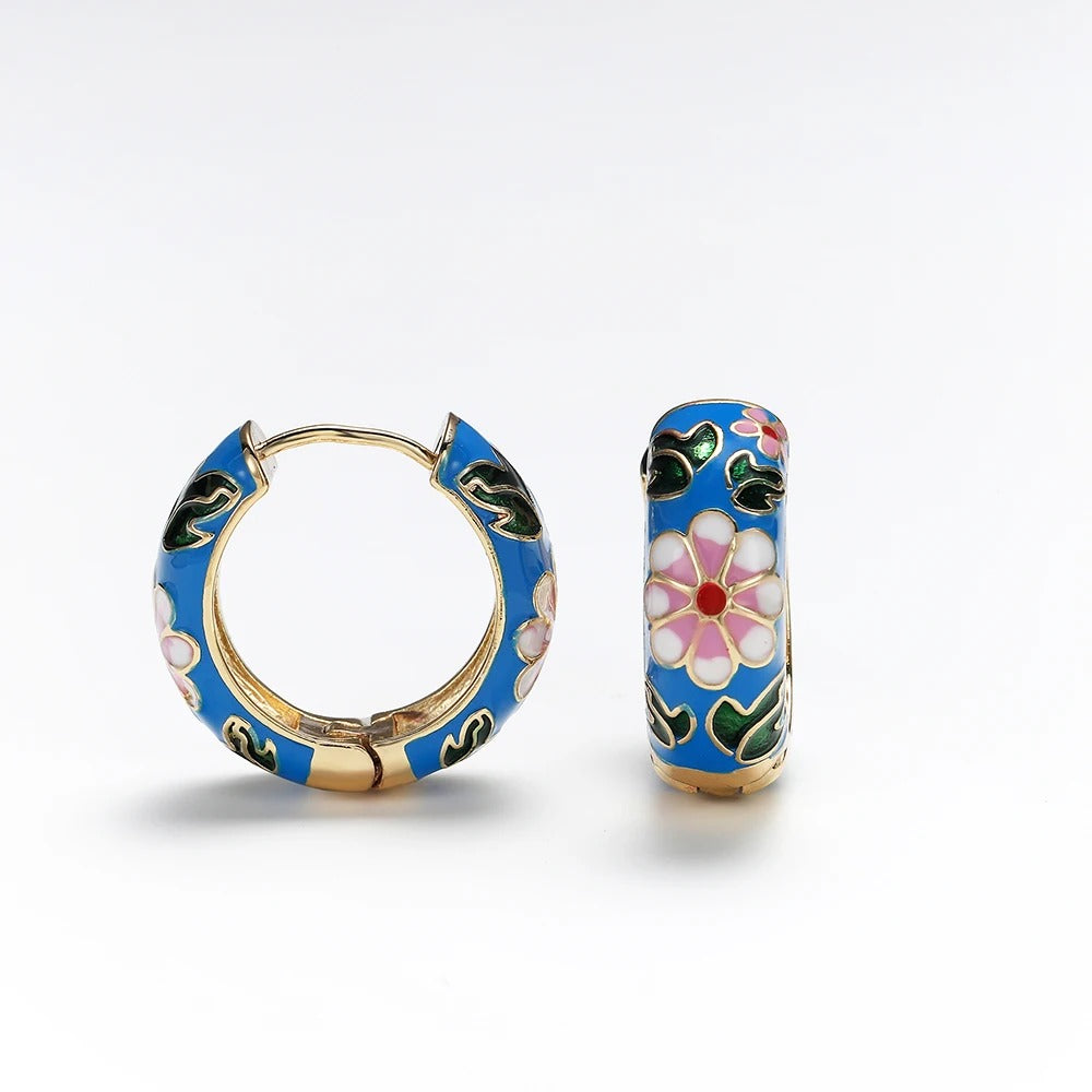 Vintage Enamel Leaf Flower Hoop Earrings Women Wedding Party Jewelry