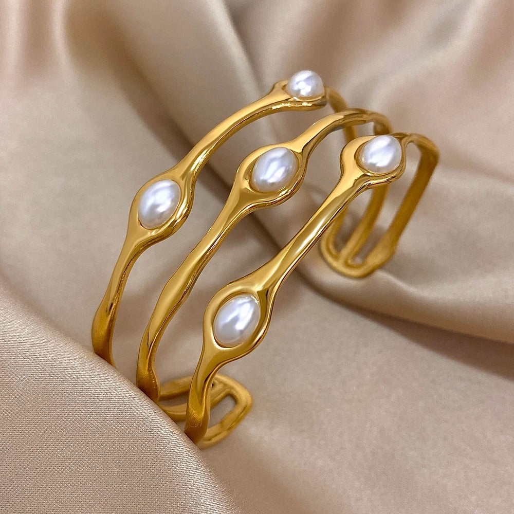 Vintage Layered Pearl Bangles Gold Plated Stainless Steel Cuff