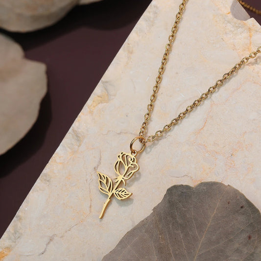 Stainless Steel Necklace Flower Charms Chain Rose Flower Pendant Necklaces For Women Female Gifts