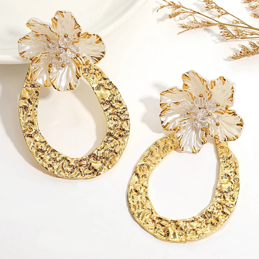 Large Floral Drop Earrings Gold Color Women Pendientes Jewelry
