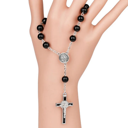 Black Glass Pearl Rosary Cross Beaded Bracelet Gifts Religious Jewelry