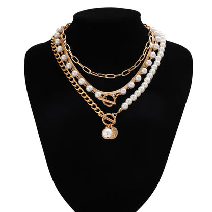 Gold Carved Pendant Necklace Women Multi-Layer Pearl Beach Jewelry