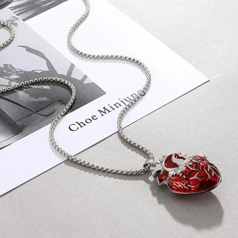 Gothic Rose Red Heart Necklace Y2K Grunge Jewelry