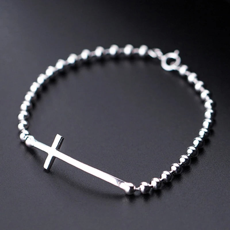 925 Sterling Silver Cross Bead Bracelet Bangle for Men & Women