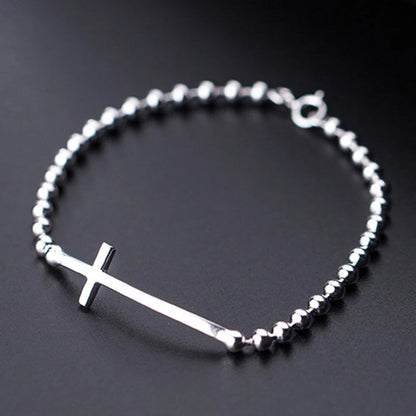 925 Sterling Silver Cross Bead Bracelet Bangle for Men & Women