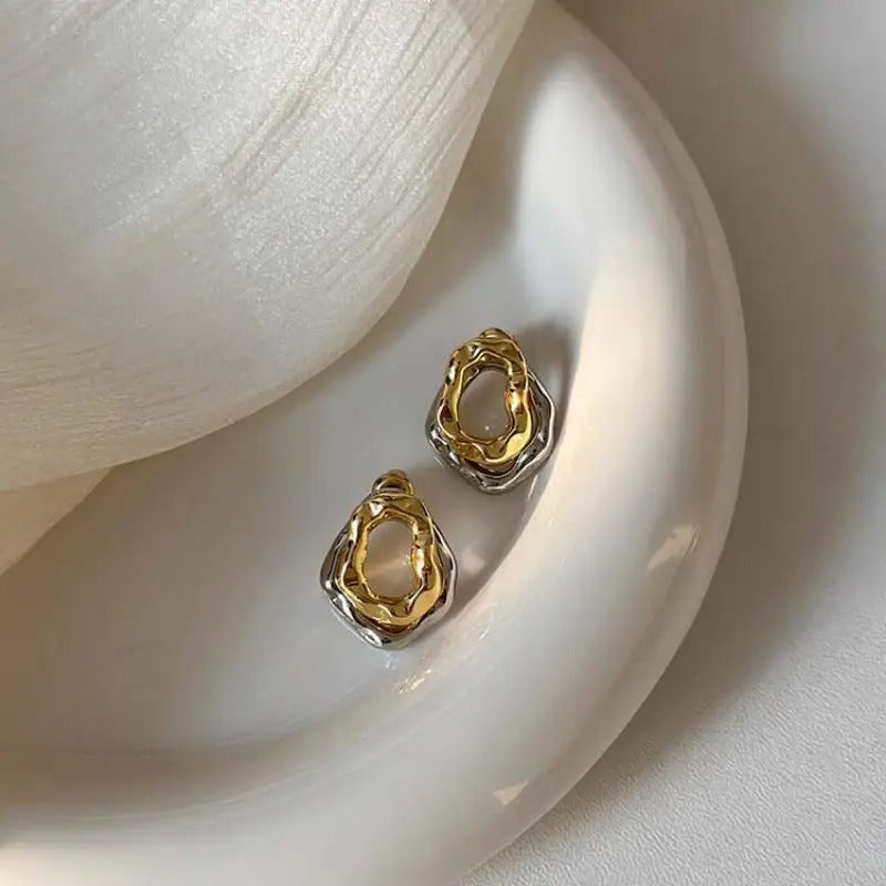 Vintage Two-Tone Metal Drop Earrings Geometric Round Women Jewelry
