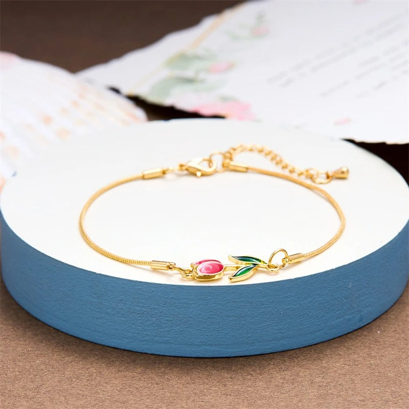 Elegant Tulip Rose Bracelet For Women Girls Sweet Colorful Flower Gold Color Metal Chain Bracelets Aesthetic Jewelry