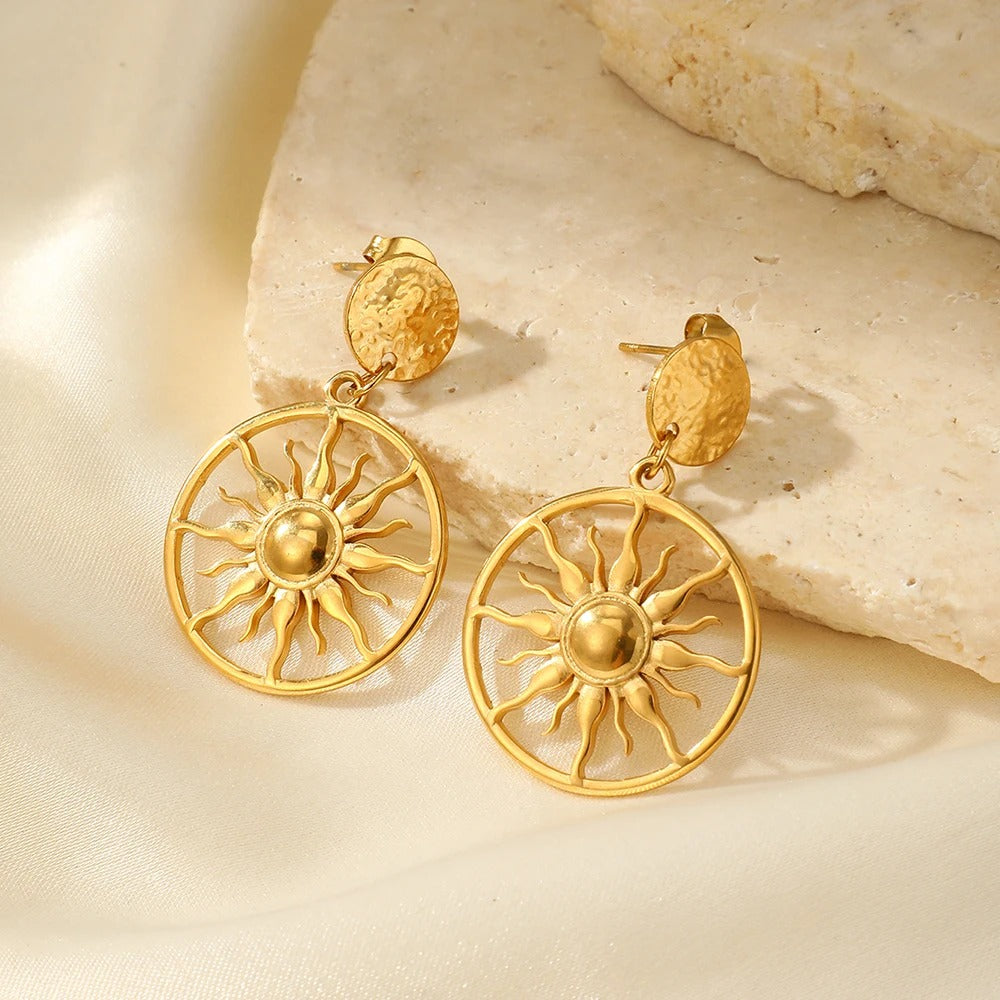 Stainless Steel Sunflower Circle Dangle Earrings Women Luxury Jewelry