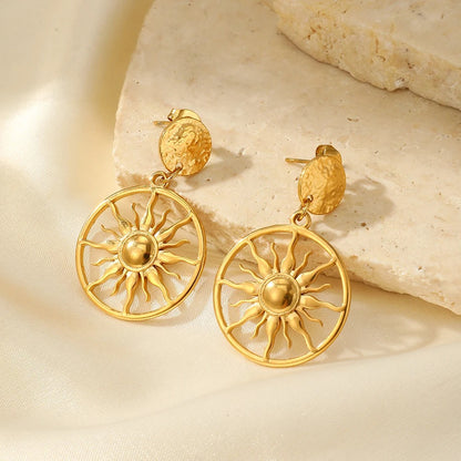 Stainless Steel Sunflower Circle Dangle Earrings Women Luxury Jewelry