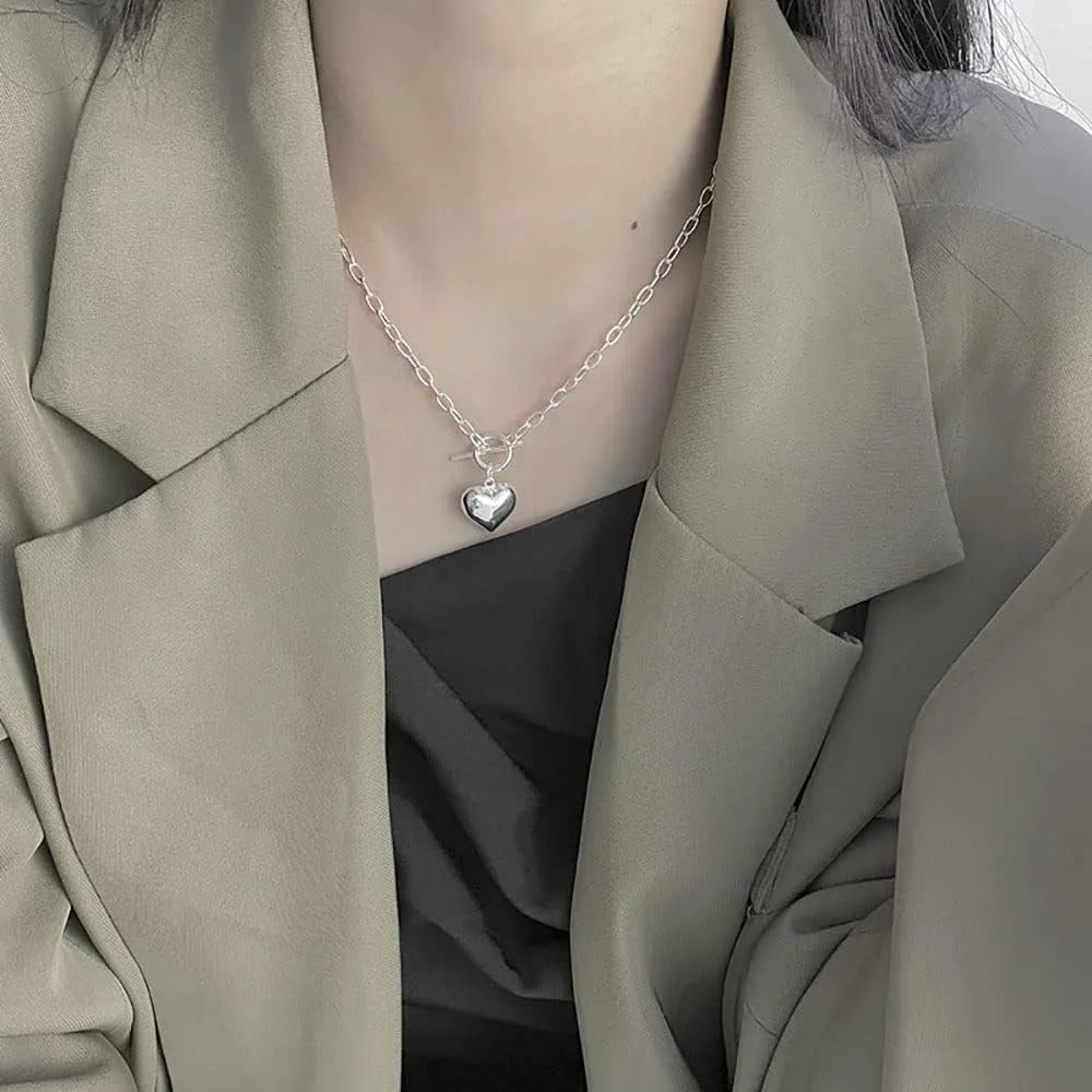 925Sterling Silver Cute Simple Heart Pendant Necklace Trendy Elegant Short Clavicle Chain Jewelry for Women