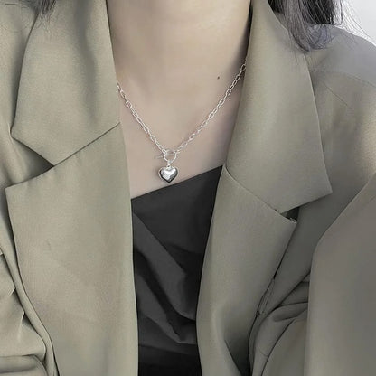 925Sterling Silver Cute Simple Heart Pendant Necklace Trendy Elegant Short Clavicle Chain Jewelry for Women