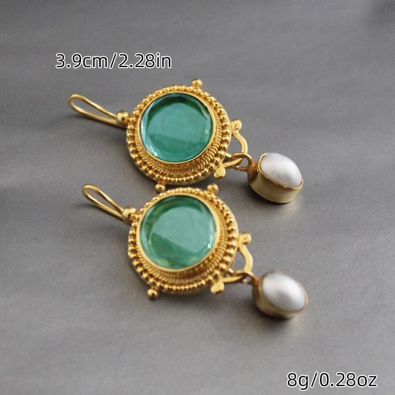 2 Pcs Vintage Round Green Pearl Dangle Earrings Women Jewelry