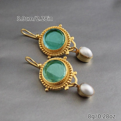 2 Pcs Vintage Round Green Pearl Dangle Earrings Women Jewelry