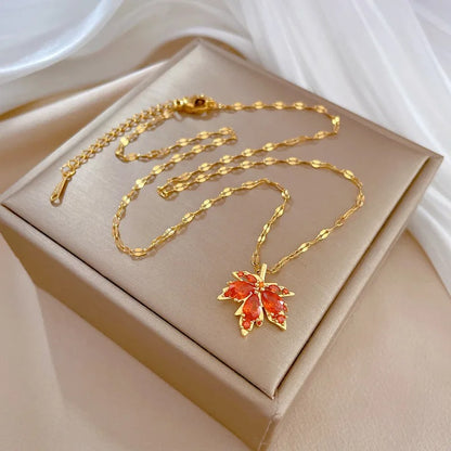 316L Stainless Steel Red Maple Leaf Crystal Pendant Necklace For Women Girl New Trend Clavicle Chain Jewelry Gift Party
