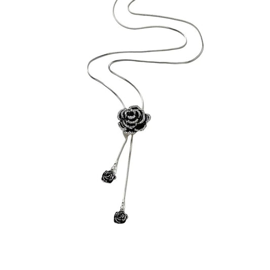 Fashion Black Rose Flower Long Necklace Sweater Chain Metal Crystal Pendant Necklaces Adjusted