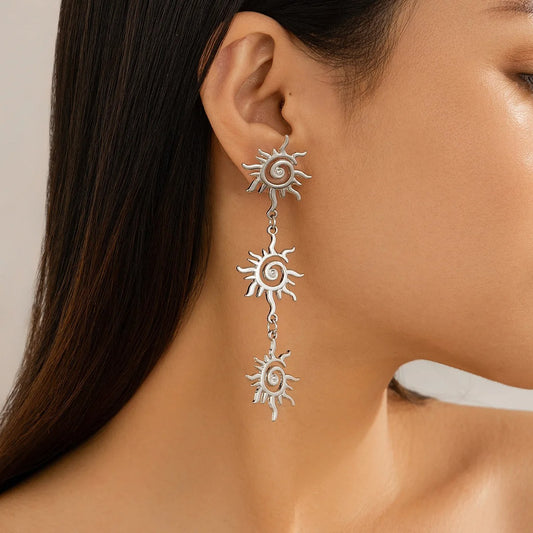 Women Gold Sun Shaped Drop Earrings Vintage Flower Party Jewelry Gift