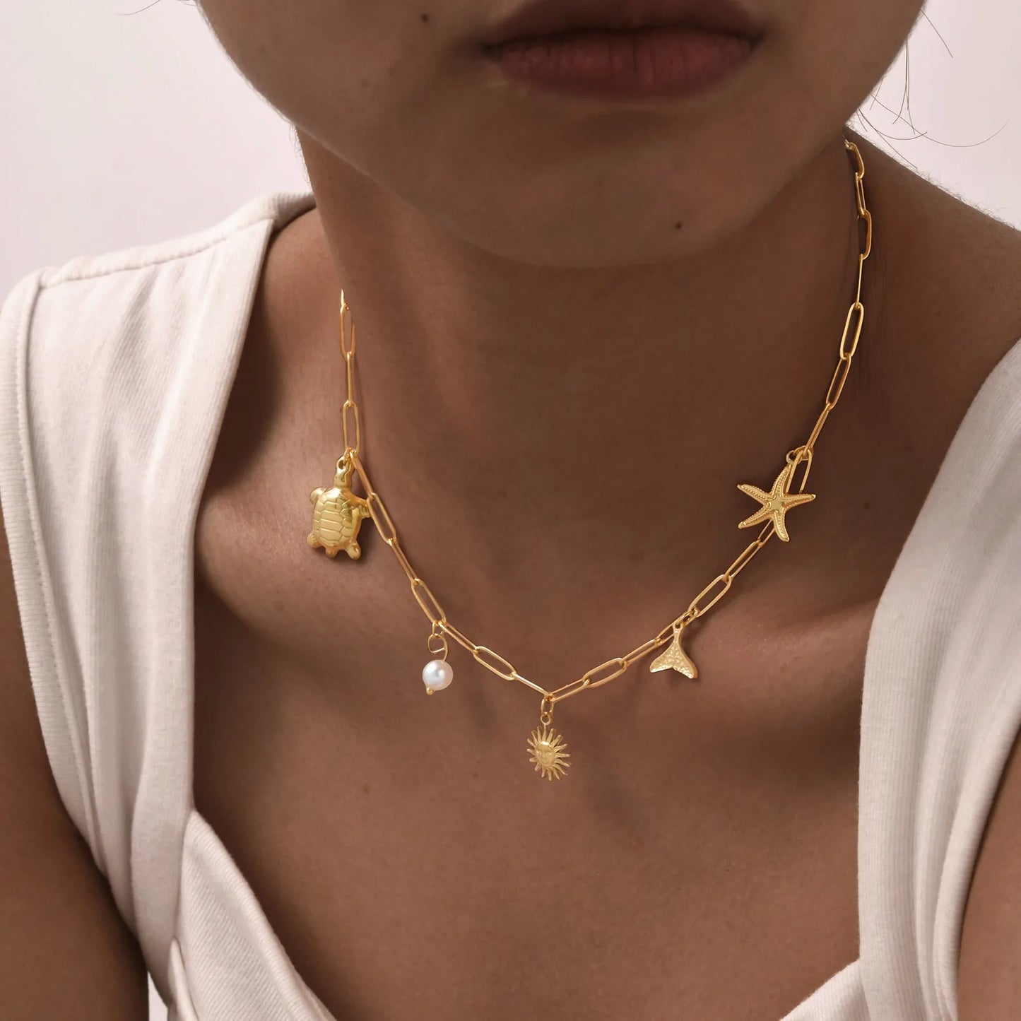 Gold Plated Pearl Shell Conch Starfish Necklace Women Summer Jewelry