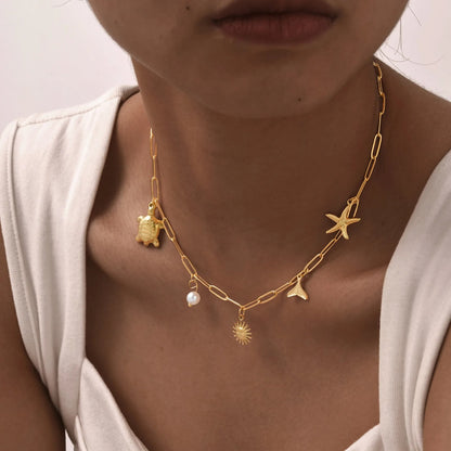 Gold Plated Pearl Shell Conch Starfish Necklace Women Summer Jewelry