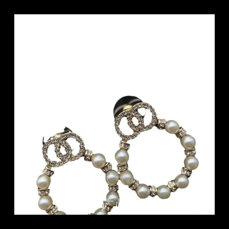 Elegant Double Diamond Pearl Earrings Chic Round Design Earrings for Women with Timeless Style