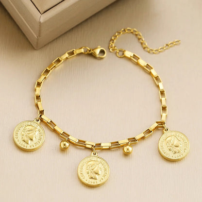 Stainless Steel Queen Coin Pendant Bracelet Women Jewelry Gift