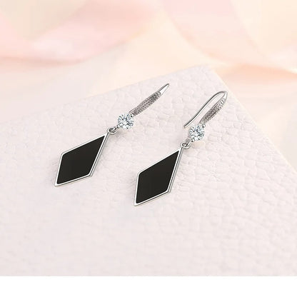 Women’s 925 Silver Rhombus Dangler Earrings Black Zircon Jewelry