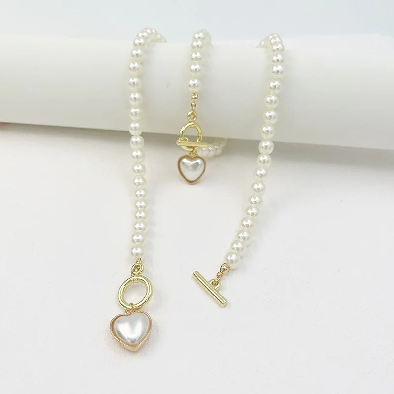 2Pcs Pearl Jewelry Set for Women Imitation Pearl Necklace Bracelet with Heart Pendant for Daily Wear
