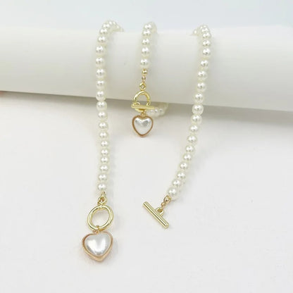 2Pcs Pearl Jewelry Set for Women Imitation Pearl Necklace Bracelet with Heart Pendant for Daily Wear
