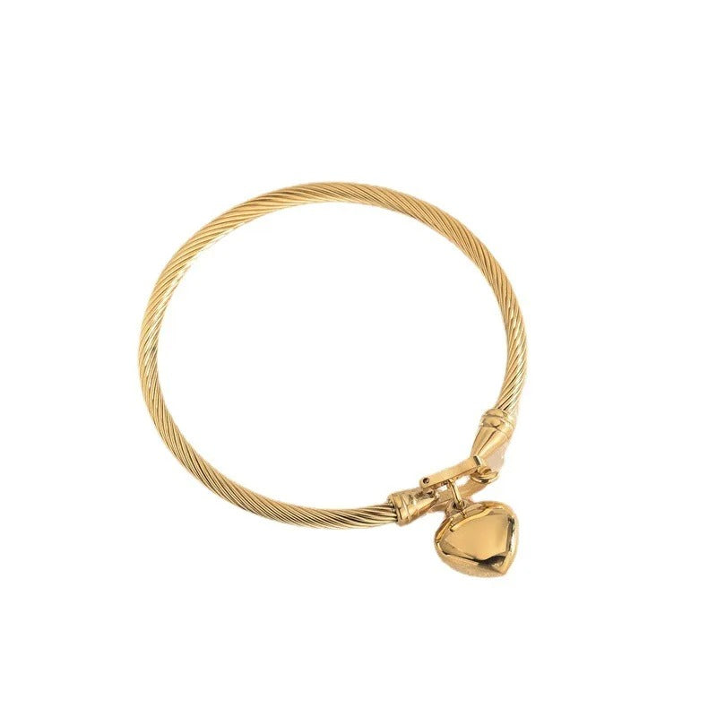 Gold Color Stainless Steel Heart Pendant Charm Bangle Bracelets For Women