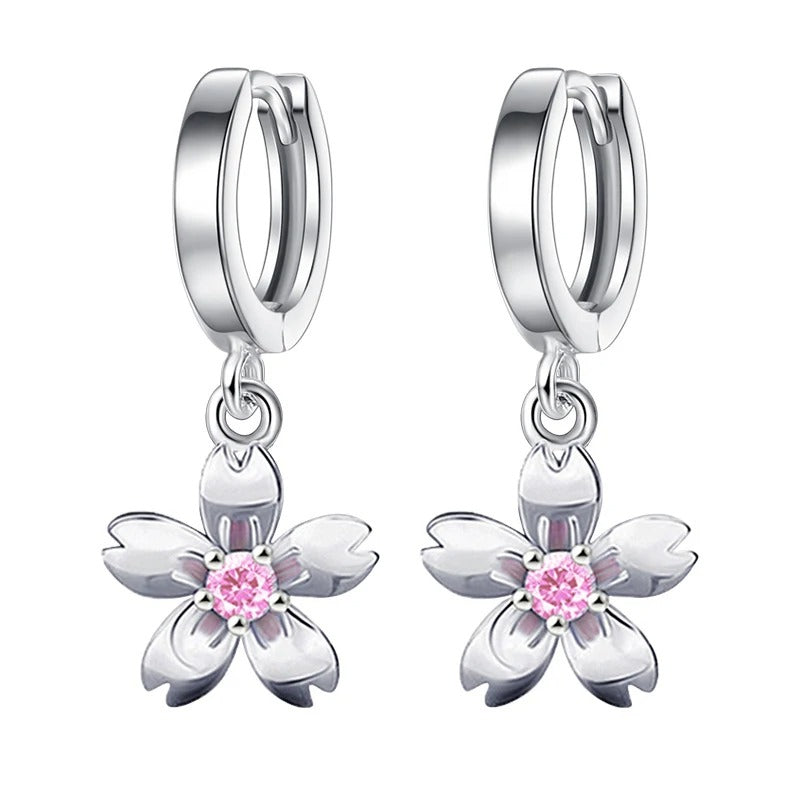925 Sterling Silver Cherry Blossom Earrings Women Pink White Zircon