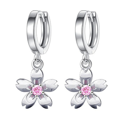 925 Sterling Silver Cherry Blossom Earrings Women Pink White Zircon