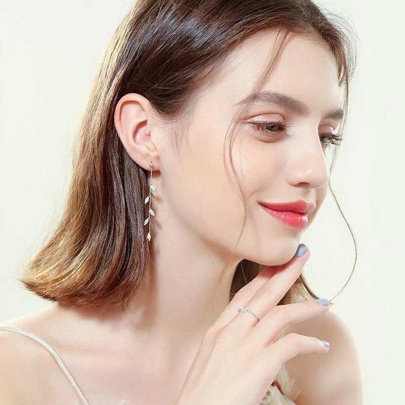 Silver Plated Leaf Tassel Earrings Long Drop Fashion Jewelry
