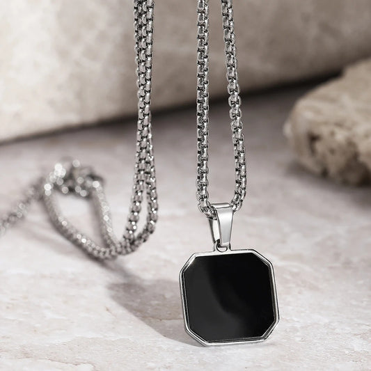 Stainless Steel Black Geometric Square Pendant Necklace Men And Women Design Sense Temperament Sweater Chain Jewelry