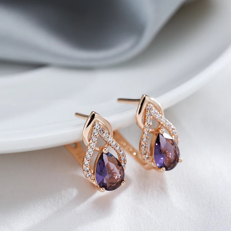 Purple Water Drop Natural Zircon English Earrings Women 585 Rose Gold Vintage Wedding Party Fine Daily Jewelry