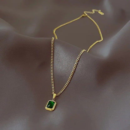 Retro Square Green Zircon Pendant Necklace For Women Titanium Steel Necklace Girls Wedding Engagement Jewelry