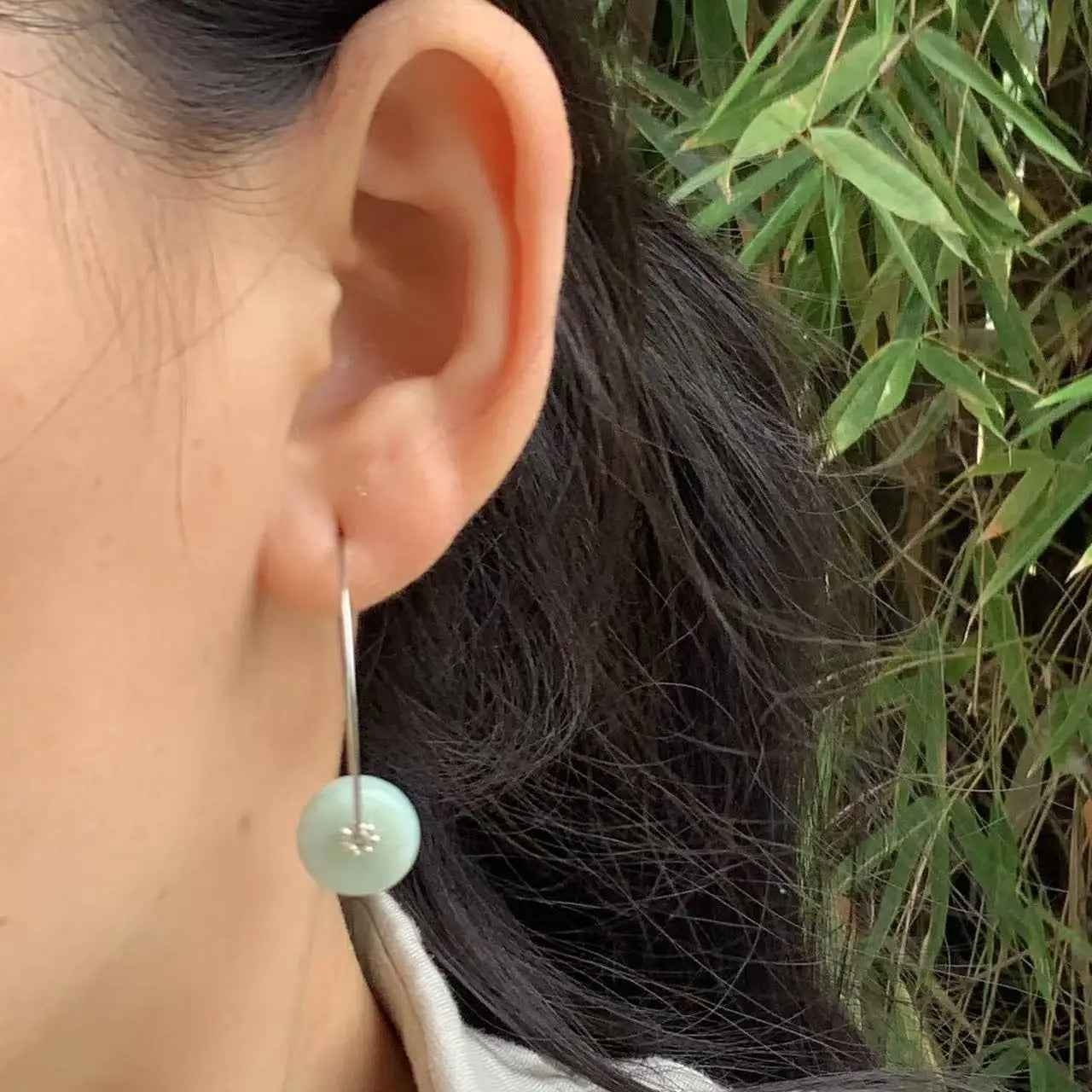 Grade A Natural Burma Blue Jade Hoop Earrings Simple Classic Stainless Steel Gemstone Jewelry