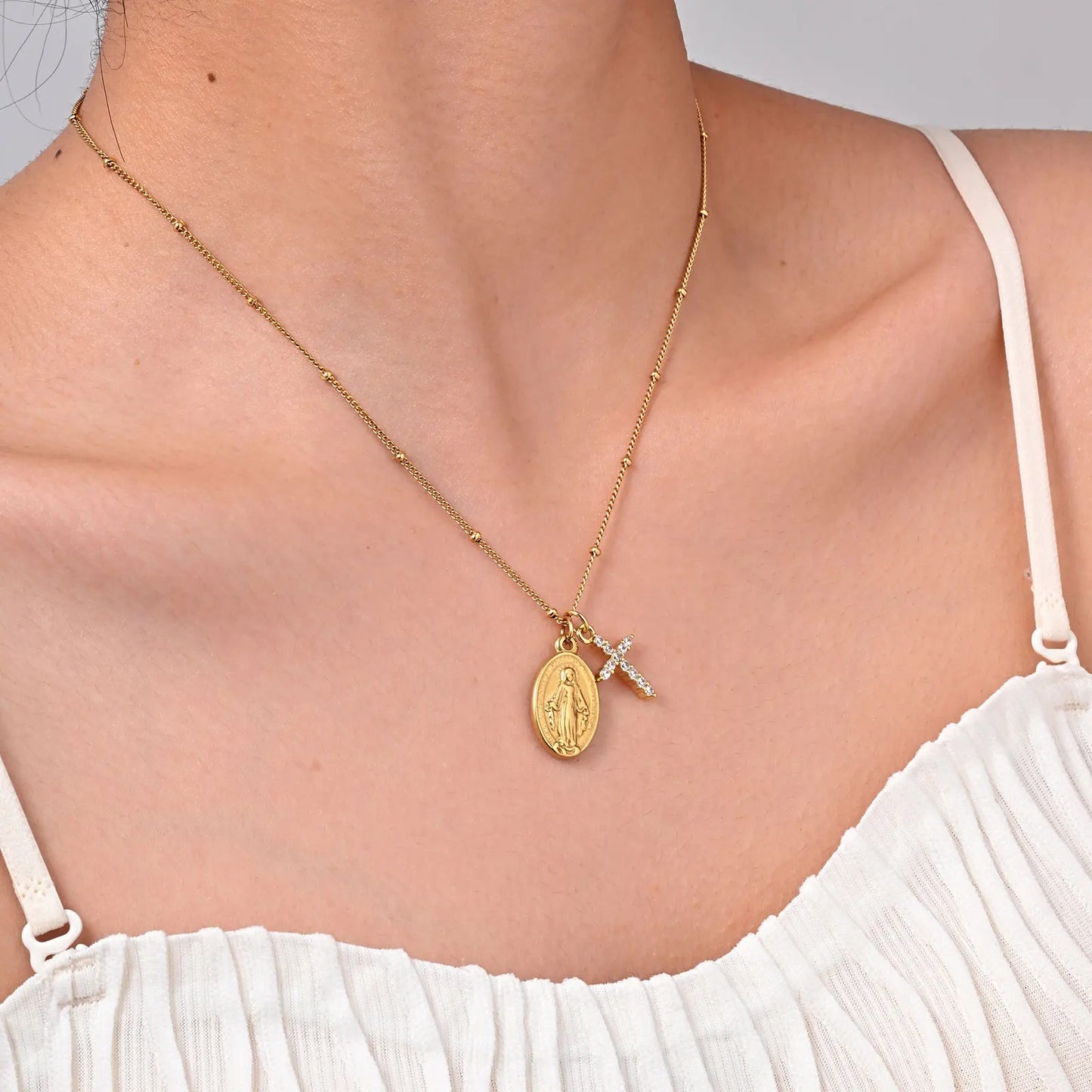 Gold Plated Virgin Mary Zircon Cross Pendant Necklace Stainless Steel